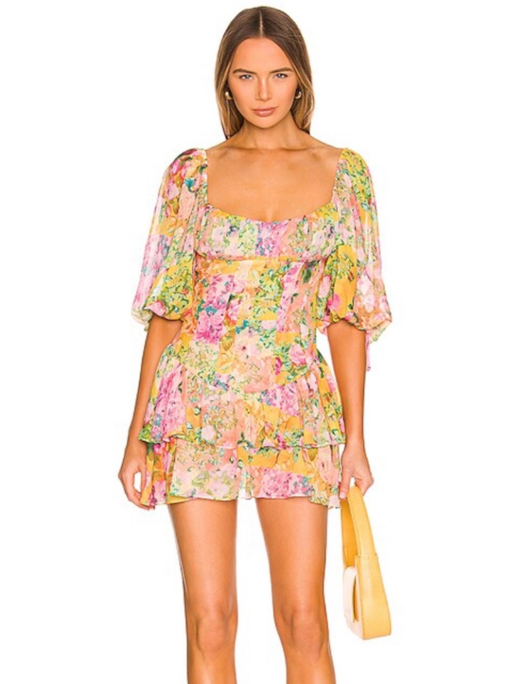 For Love And Lemons Nina Floral Tiered Puff-Sleeve Mini Dress - Pink & Yellow